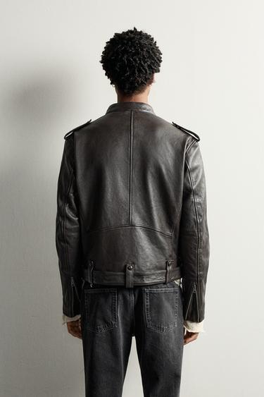 CROPPED FIT LEATHER BIKER JACKET — Chocolate 2