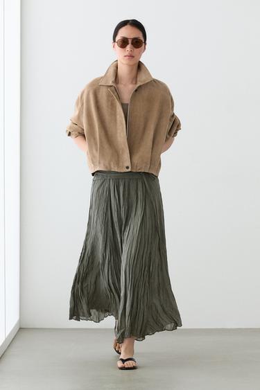 Falda midi detalle frunces con ramio - Verde de Zara - Imagen 0