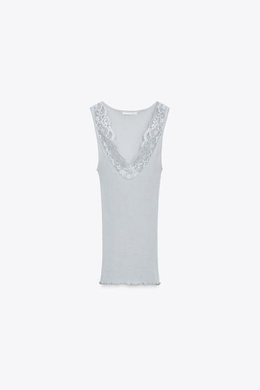 Zara RIBBED LACE T-SHIRT - Blue / Gray