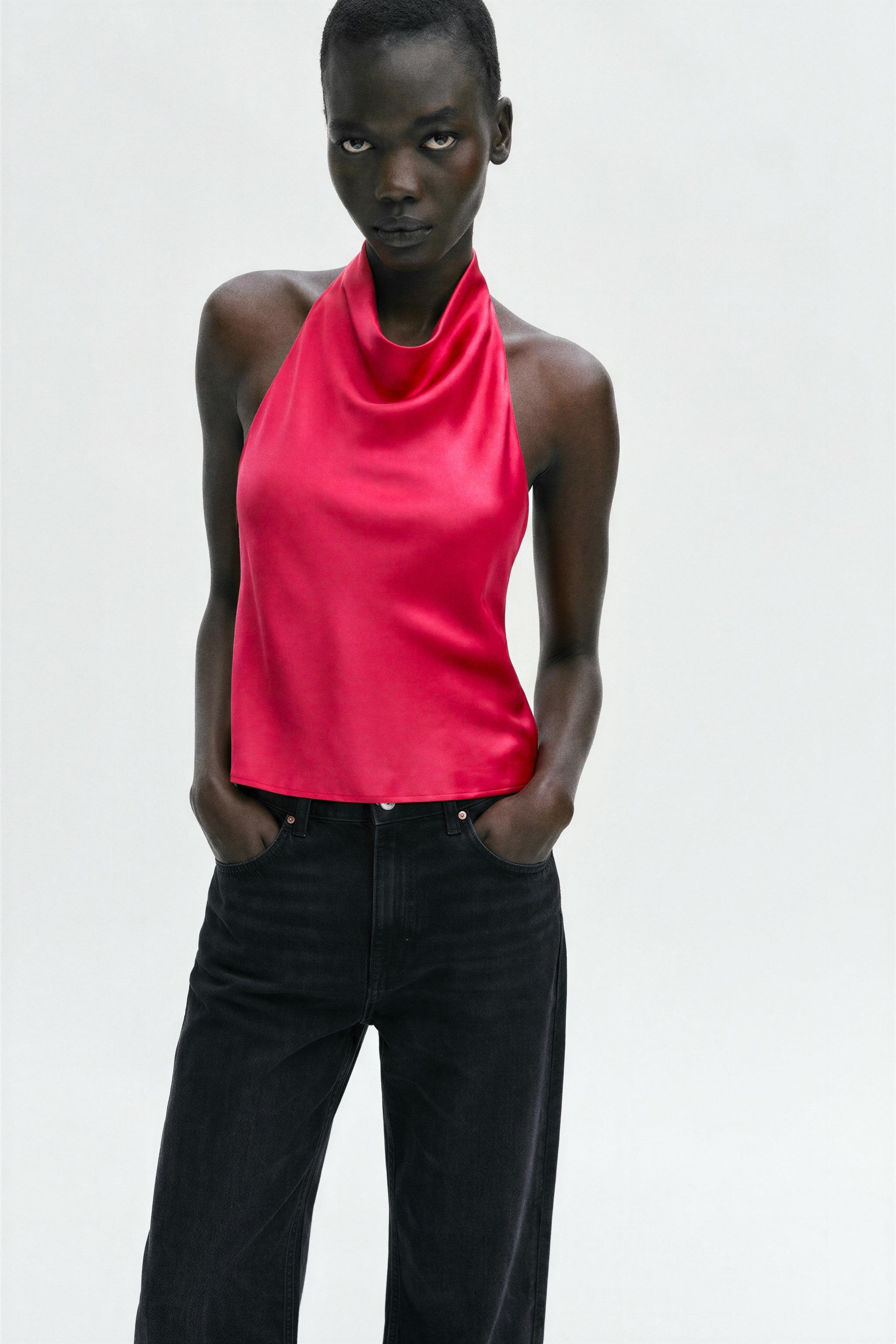 SATIN HALTER TOP — Fuchsia