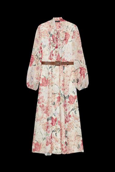 VESTIDO MIDI ESTAMPADO FLORAL CINTURÓN - Multicolor de Zara - Imagen 0
