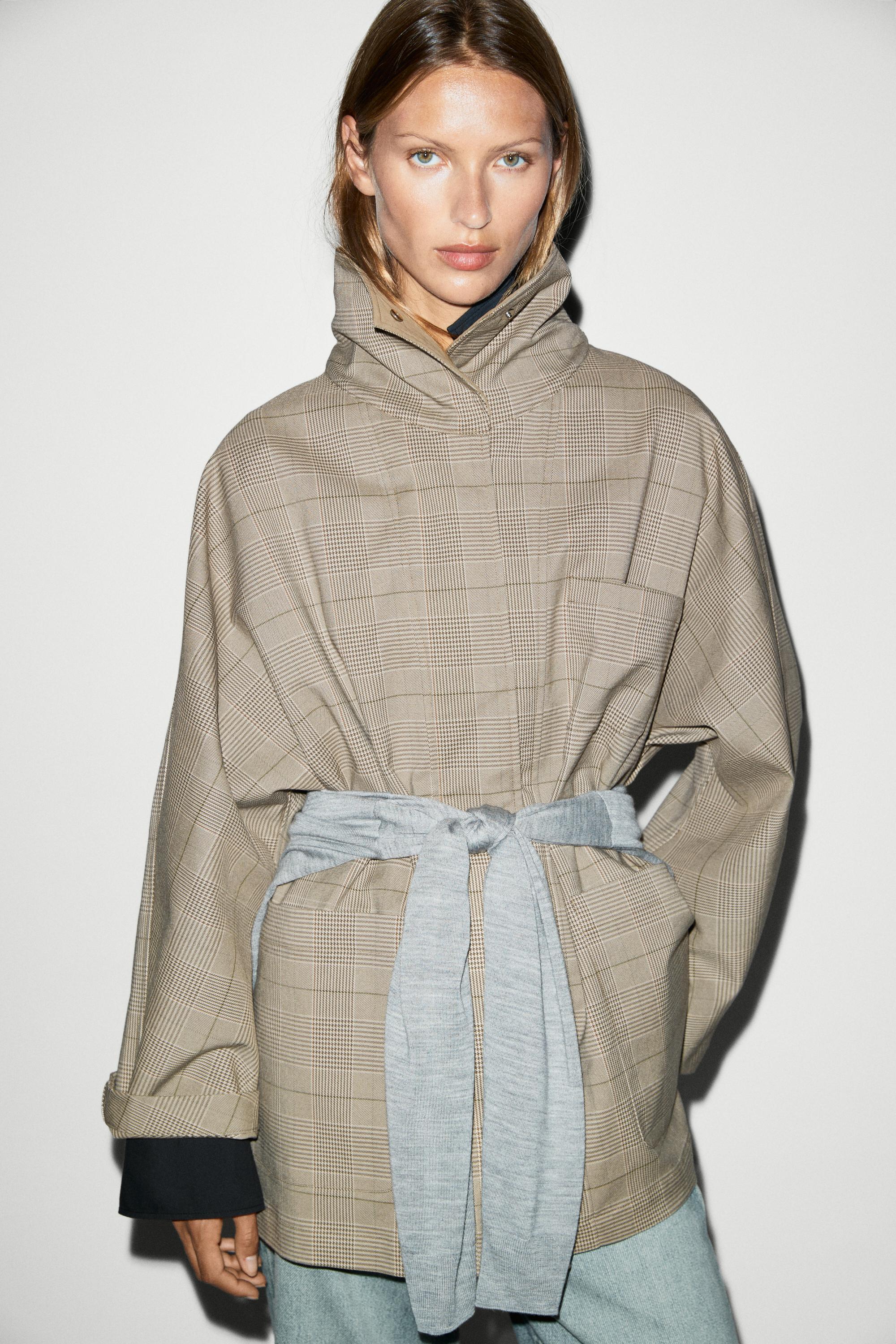 Cotton blend plaid high neck jacket