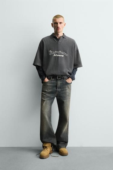 EMBROIDERED SLOGAN POLO SHIRT - Grey by Zara - Image 0