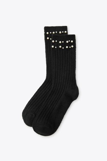 RIBBED SOCKS WITH FAUX PEARLS - Black by Zara - Image 2