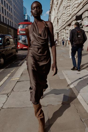 ASYMMETRIC SATIN MIDI DRESS - Brown by Zara
