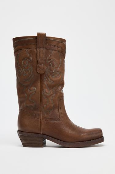 LEATHER COWBOY BOOTS - Dark tan by Zara