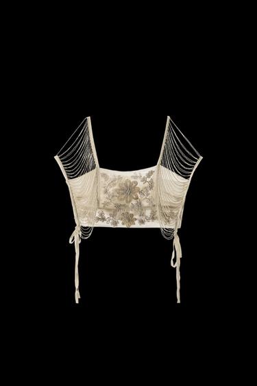 Zara BEADED EMBROIDERED FRINGE TOP - Oyster-white - Image 0