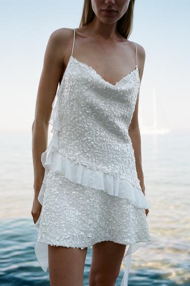 Zara SEQUIN RUFFLE MINI DRESS - White