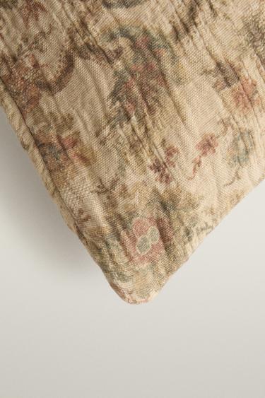 COTTON LINEN FLORAL THROW PILLOW COVER — Beige 2