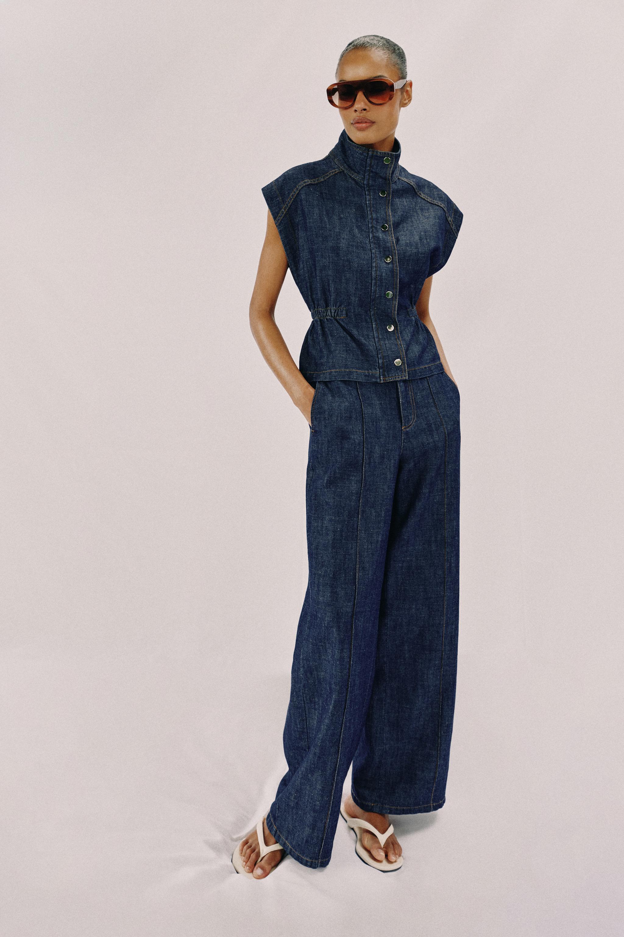 LINEN BLEND STRAIGHT LEG PANTS — Indigo