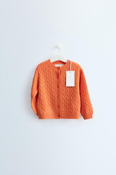 ZARA TIMELESS - 100% WOOL CABLE-KNIT CARDIGAN — Orange 1