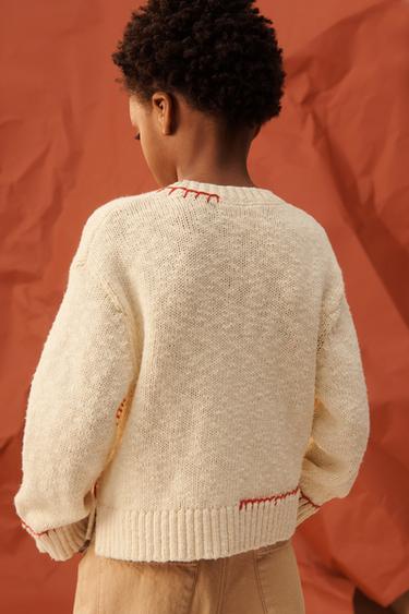LIMITED EDITION KNIT JUMPER WITH TOPSTITCHING - Ecru / Red by Zara - Image 2