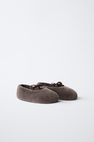 FAUX FUR BOW BALLET FLATS — Taupe Gray 2