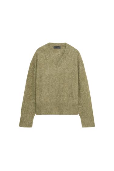 Front view of a khaki knitted jumper with a V-neck and long sleeves.