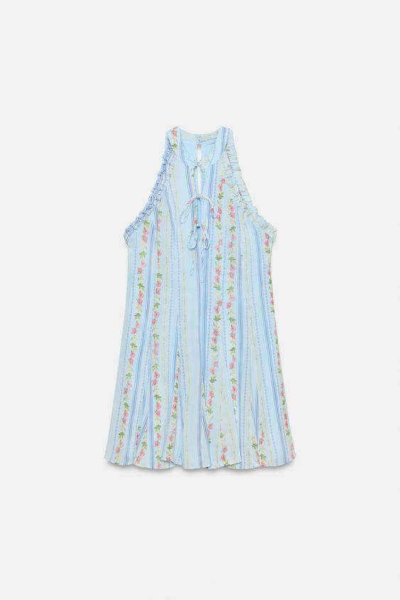 blue printed halter neck dress zara FLORAL PRINT MINI - Multicolored CVJETNA MIDI HALJINA ODAKARDA 2026/6/29 Herve Leger Black and Tailles:XXL