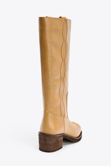 LEATHER TOPSTITCHED BOOTS - Dark tan by Zara - Image 6