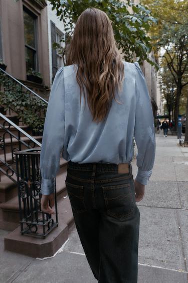 CHEMISE SATINÉE JACQUARD AVEC NŒUD - Bleu clair de Zara - Image 4