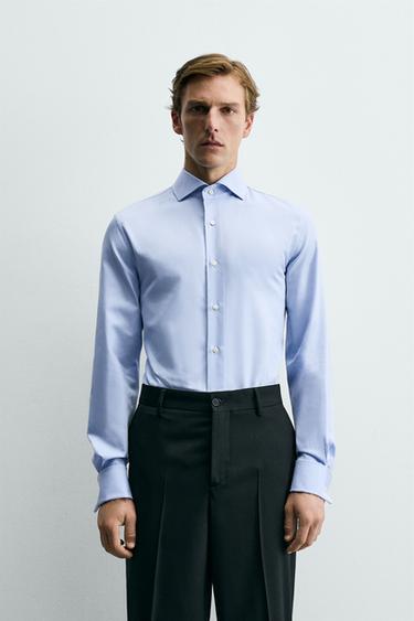 Zara KOŠULJA SLIM KROJA S MANŽETAMA S KOPČAMA – plavo nebo