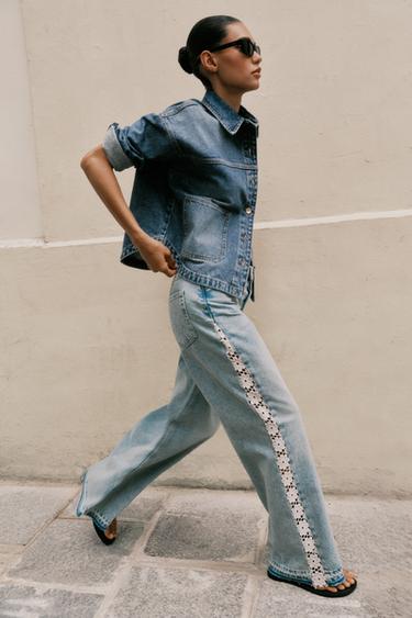 Z1975 WIDE-LEG HIGH-WAIST JEANS WITH CROCHET TRIM - Mid-blue by Zara