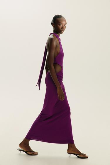 ROBE LONGUE HALTER À PLIS - Violet foncé de Zara