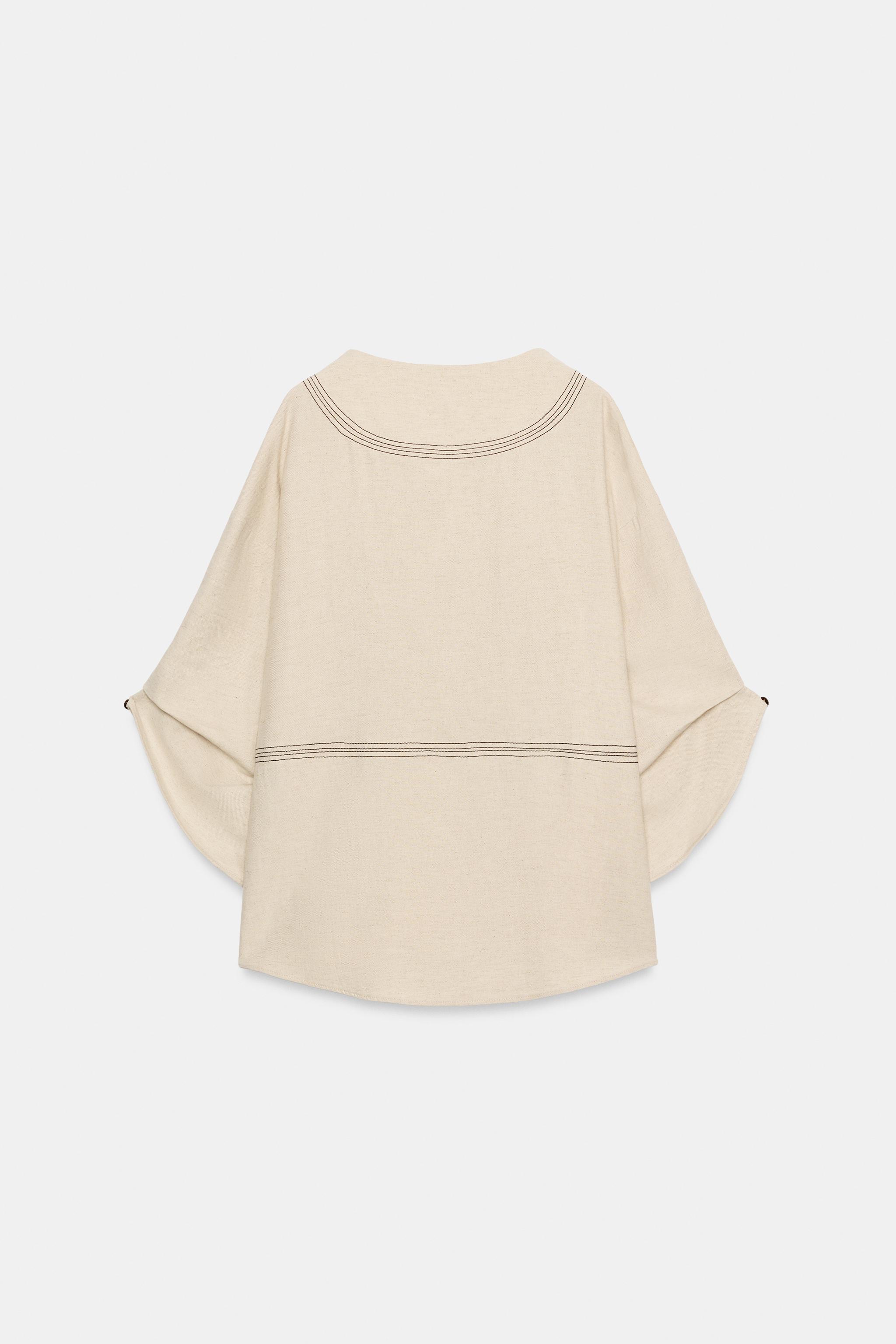 Женские рубашки Zara CONTRAST STITCH LINEN OVERSIZED SHIRT — фото 7