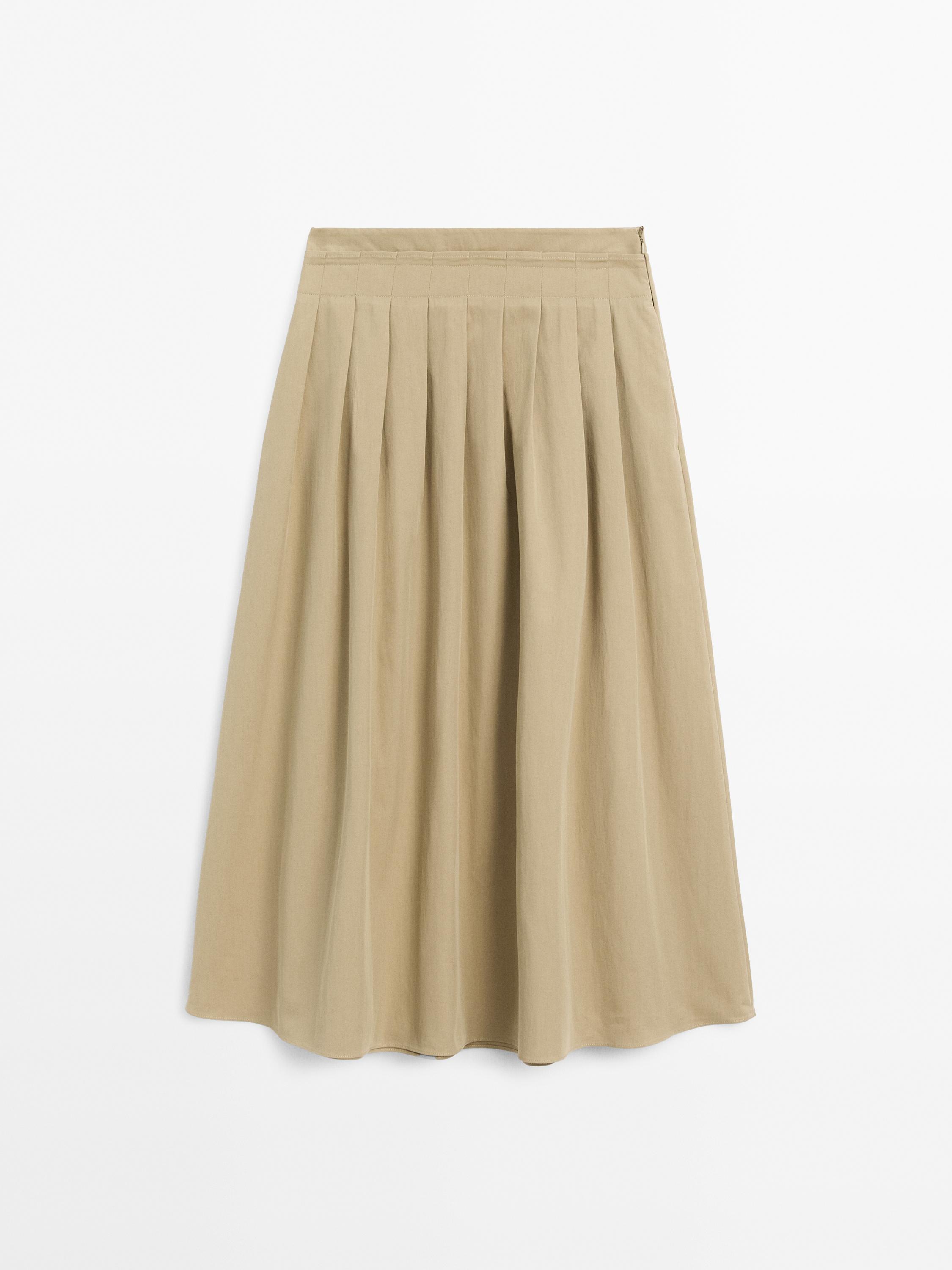 Cotton blend box pleat midi skirt - Dark mink | ZARA United