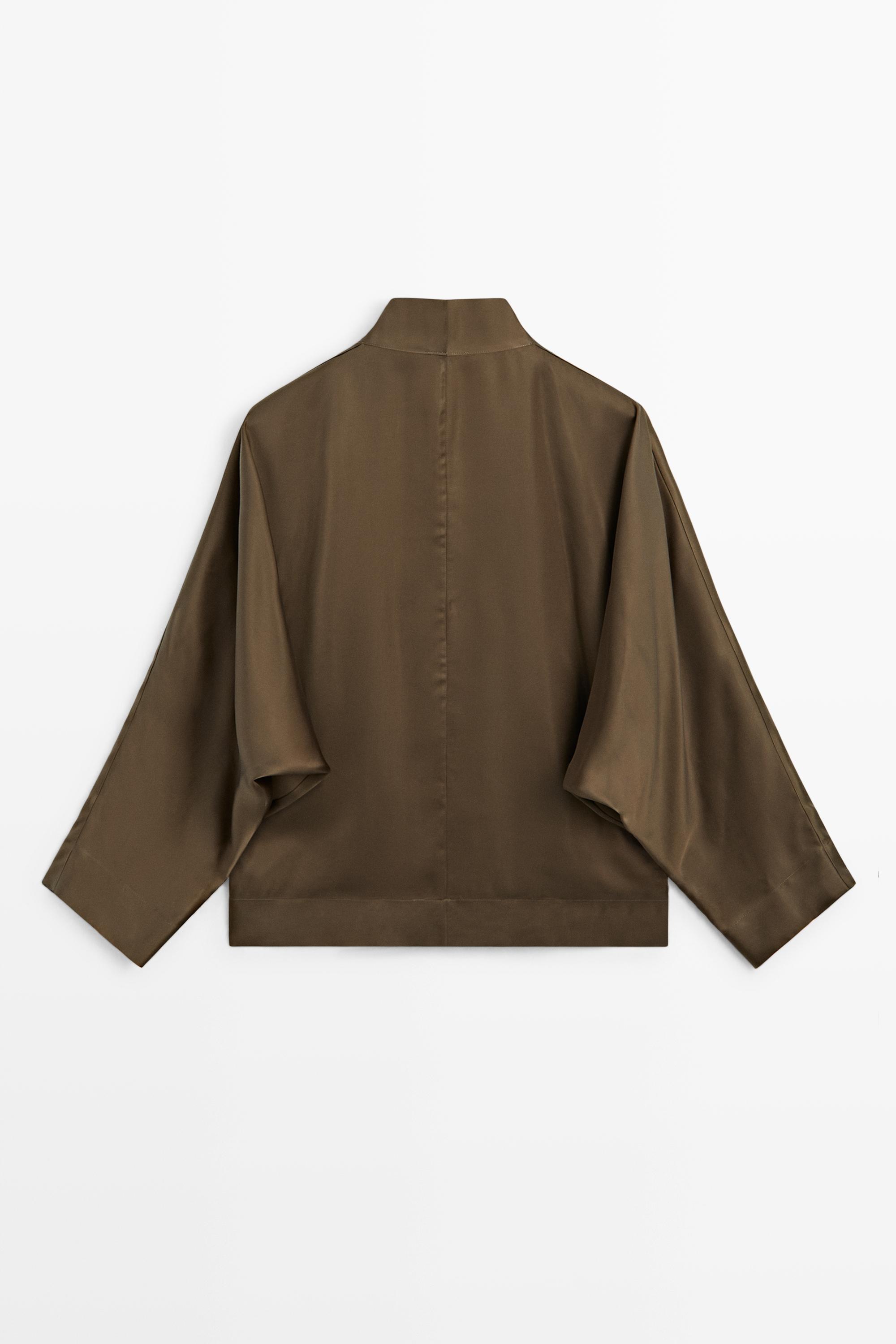Satin wrap blouse with batwing sleeves