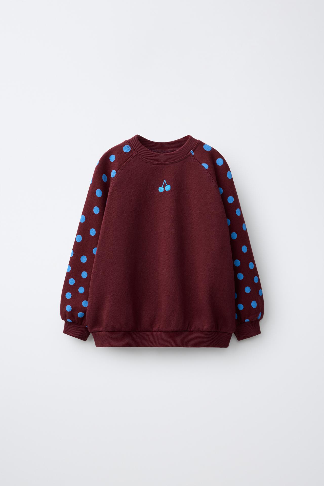 EMBROIDERED CHERRY POLKA DOT SWEATSHIRT — Burgundy