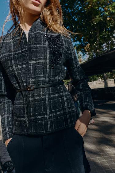 CHECK KNIT CARDIGAN WITH BELT - Grey by Zara