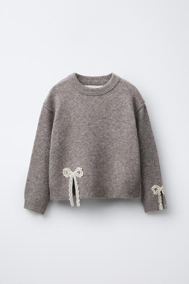 KNIT SWEATER WITH LACE BOWS - Brown / Taupe by Zara
