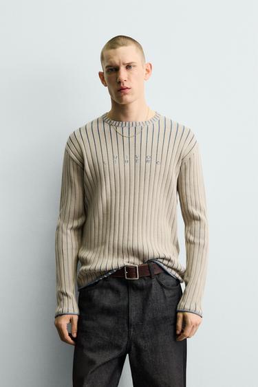 RIBBED KNIT SWEATER WITH SLOGAN - Blue by Zara