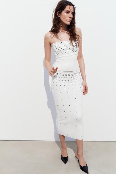 JUPE EN MAILLE STRETCH CLOUS - Blanc de Zara - Image 0