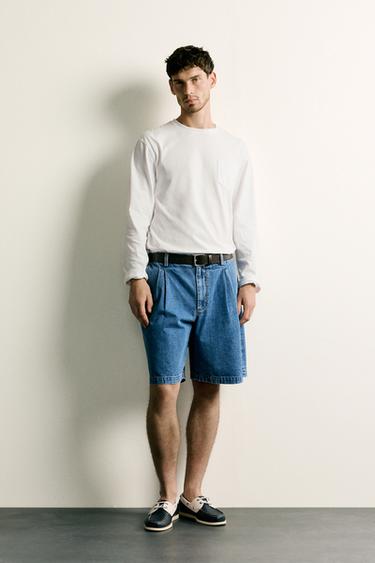 PLEATED REGULAR FIT DENIM BERMUDA SHORTS - Mid-blue by Zara - Image 0