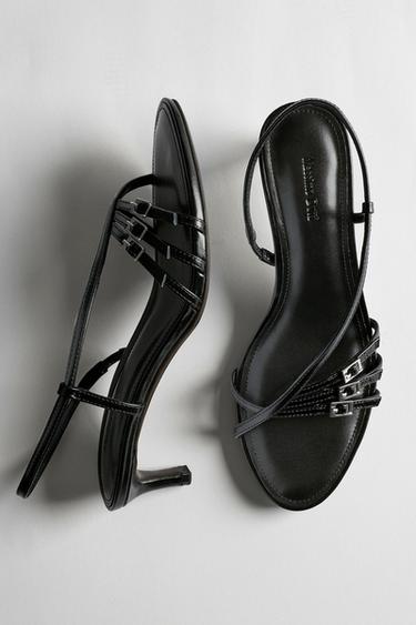Zara Leather heeled sandals with buckles - Black - Image 0