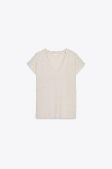 Zara COTTON LINEN T-SHIRT - Sand