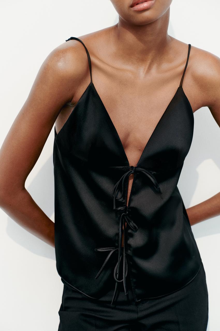 SATIN TOP WITH TIED BACK - Black