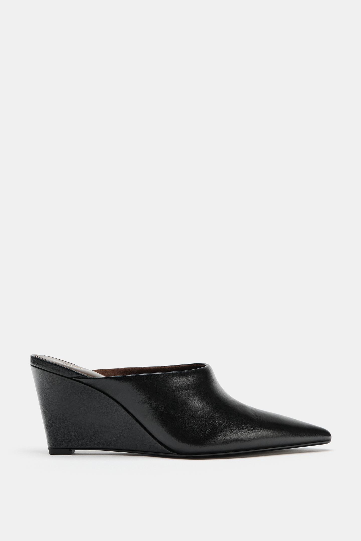 Женские сабо Zara Leather Wedge Mules, цвет: Чёрный — фото 2