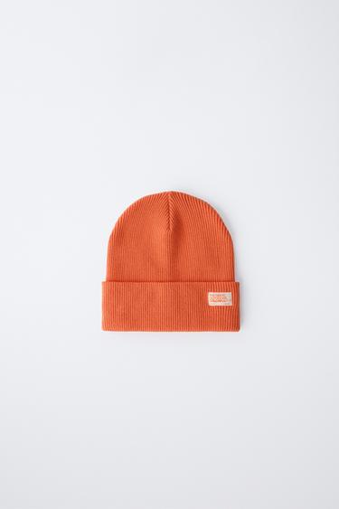 Zara RIBBED KNIT HAT WITH LABEL - Orange