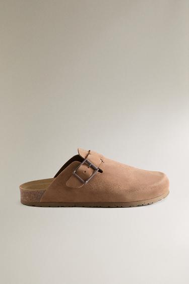 Zara LEATHER MULE CLOG SLIPPERS WITH BUCKLE AND TOPSTITCHING DETAIL - Brown
