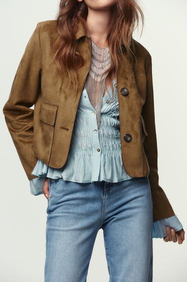 Zara FAUX SUEDE CROPPED JACKET - taupe brown