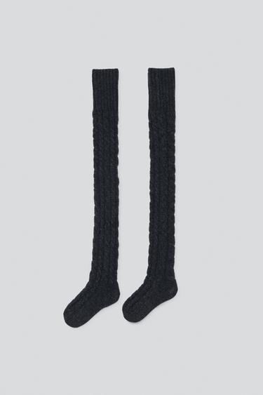 100% WOOL CABLE-KNIT TIGHTS — Dark gray 1