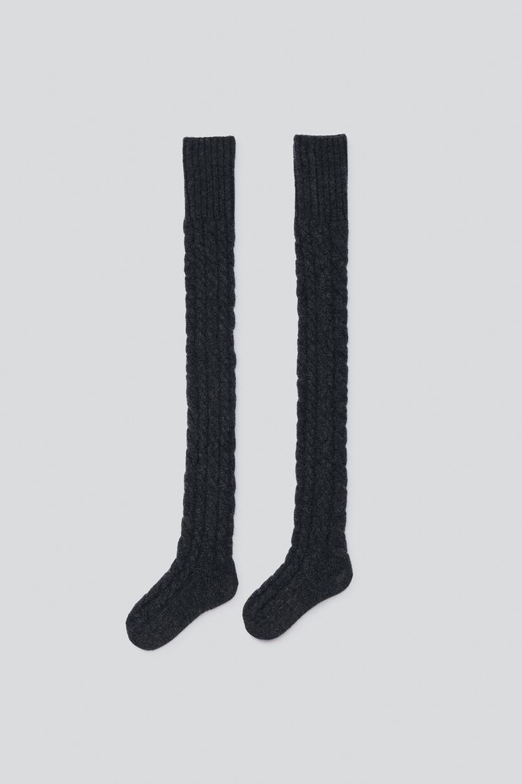 100% WOOL CABLE-KNIT TIGHTS — Dark gray
