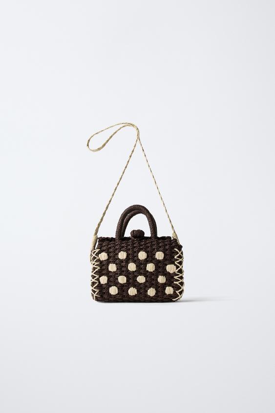 BOLSA A TIRACOLO COM EFEITO DE RÁFIA E BOLINHAS - Marrom da Zara - Imagem 0