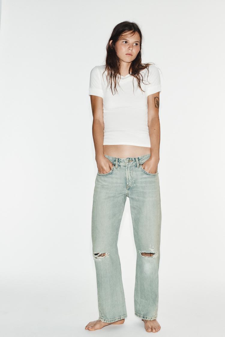 SHIFTED CROPPED MID-RISE RIPPED TRF JEANS — Blue / Gray