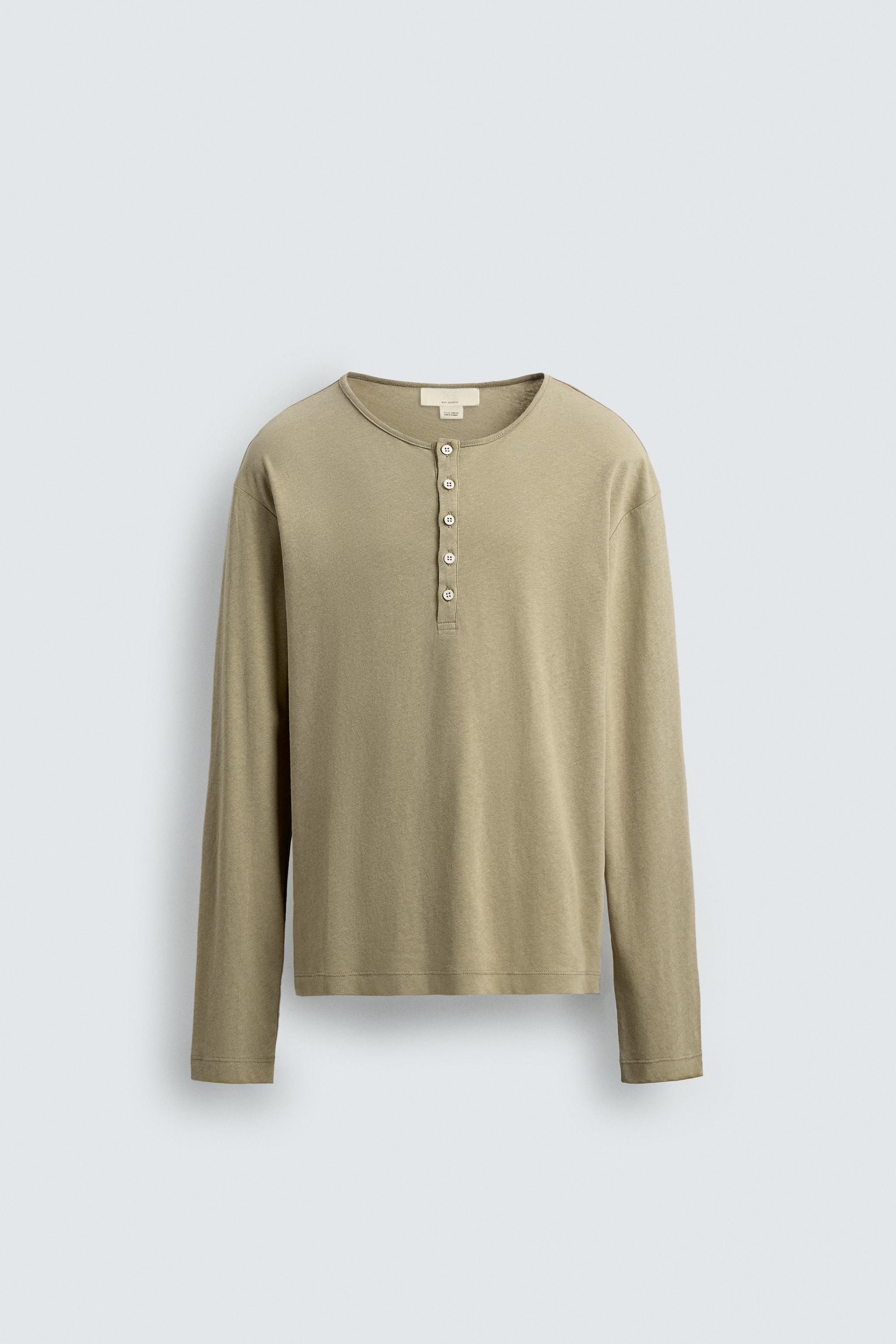 COTTON LINEN BLEND HENLEY T-SHIRT