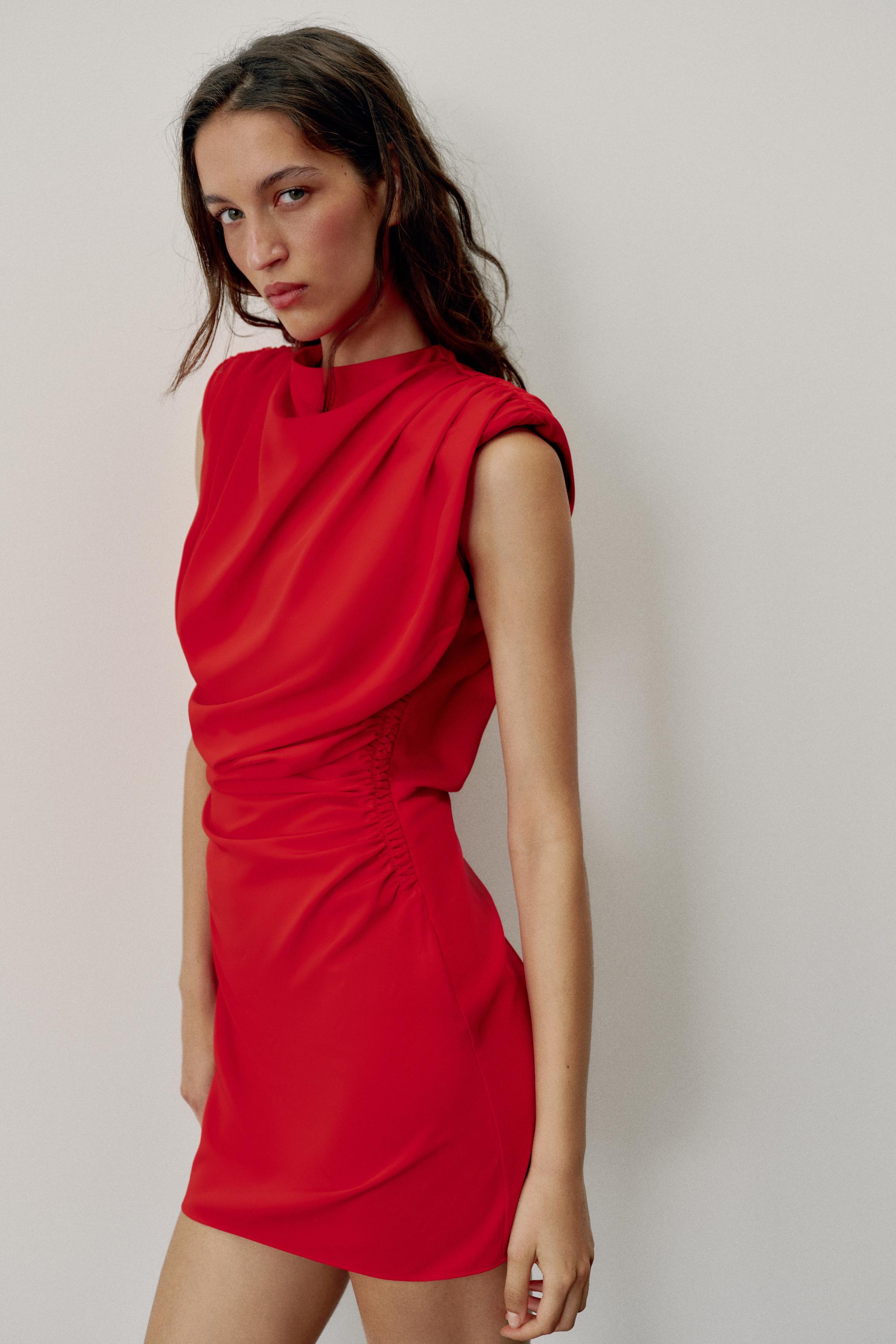 DRAPED SHOULDER PAD MINI DRESS — Red
