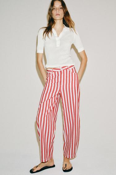 ZW COLLECTION STRIPED TAPERED JEANS - Red / White by Zara