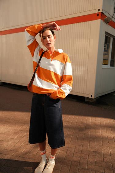 GESTREEPTE POLO MET LANGE MOUWEN - Oranje van Zara