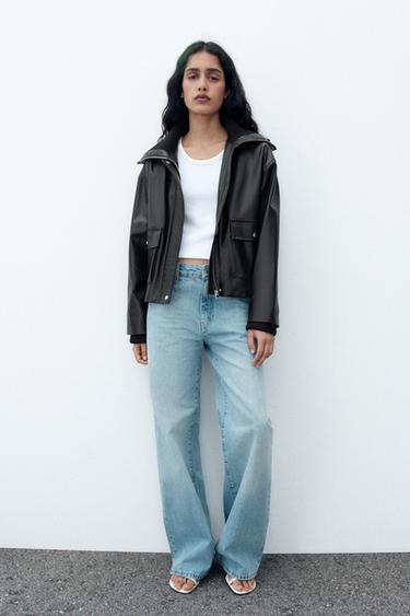 Zara FAUX LEATHER JACKET WITH POCKETS - Black