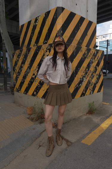 Zara 繫腰帶打褶短褲裙 - 棕色/白色